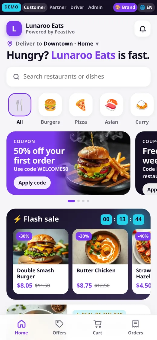 The app in a purple brand