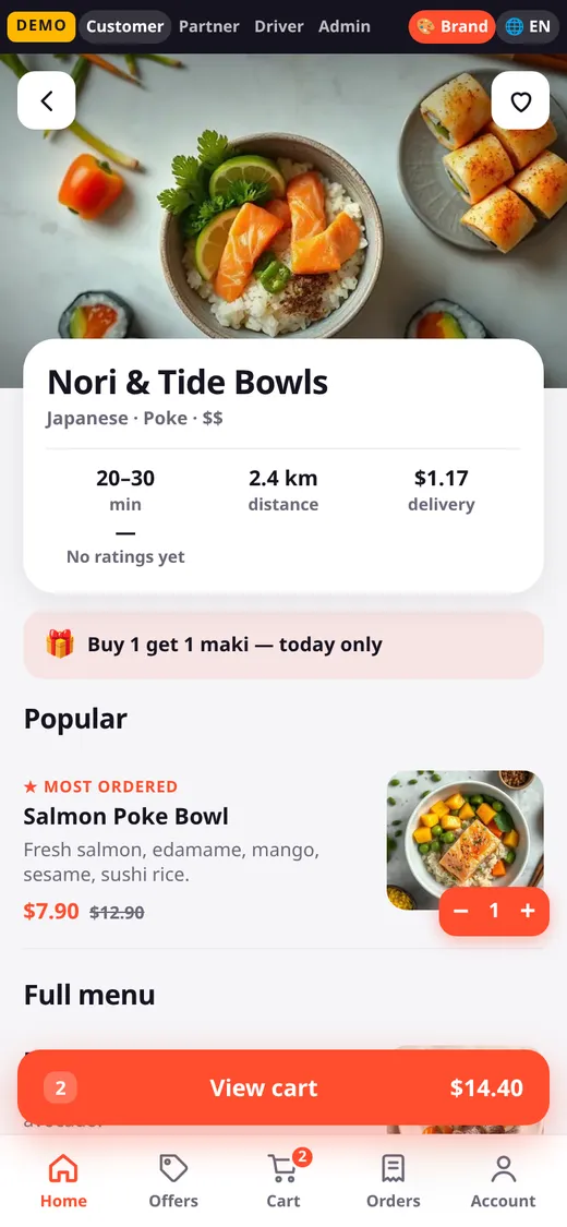 Restaurant page with menu