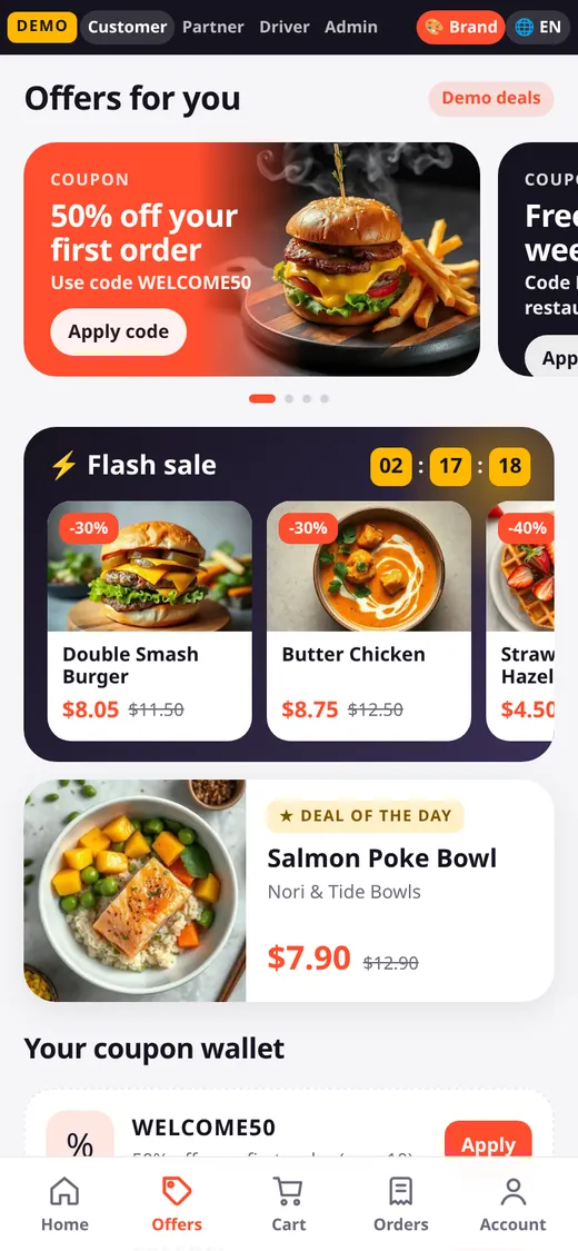 Offers screen with coupons and flash sale