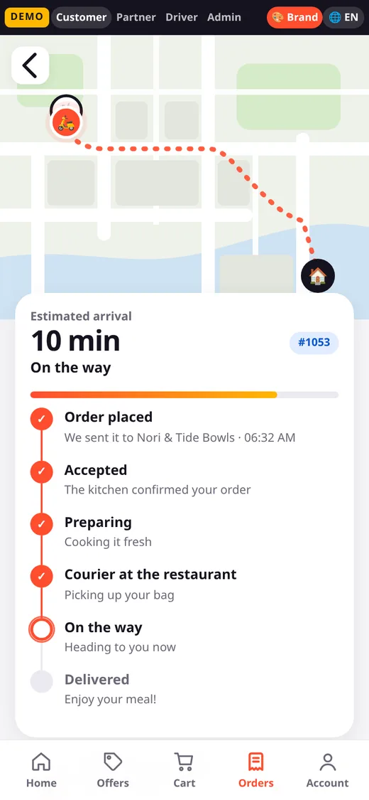Live order tracking screen with a map and delivery steps